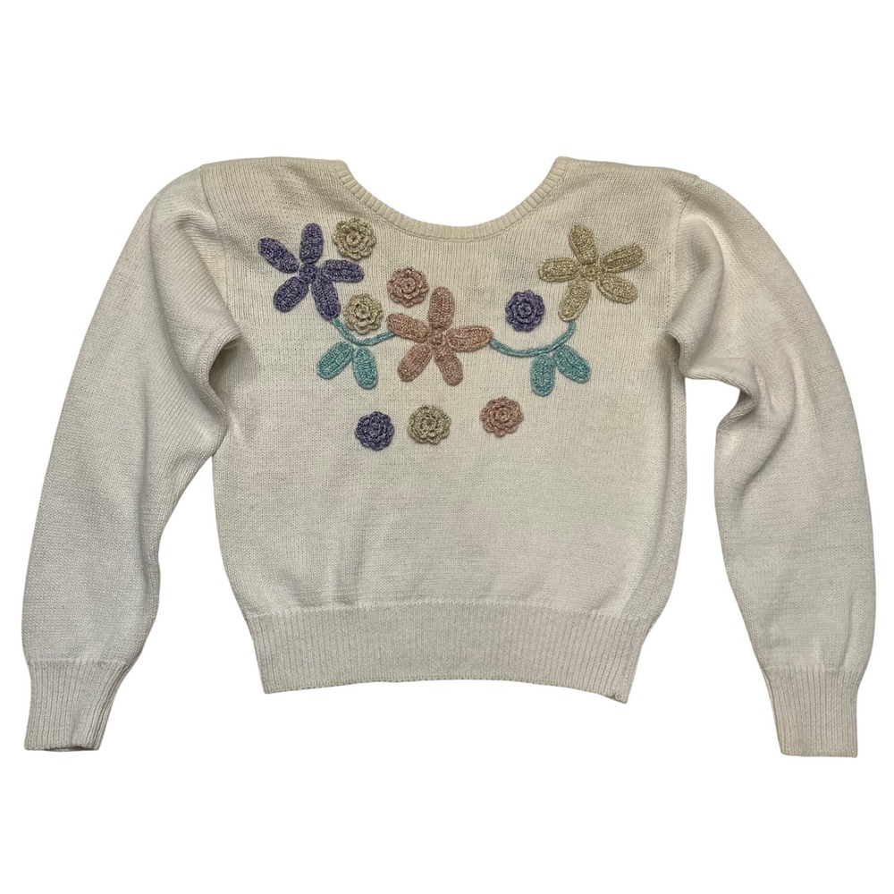 Gitano Vintage 80s Cream Floral Applique Feminine Cottagecore Sweater Size S